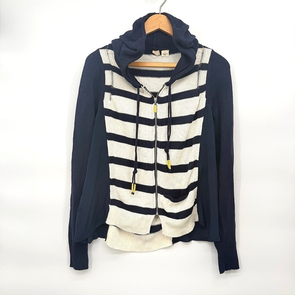 Moth Anthropologie Striped Silk Cotton Mixed Media Hoodie Sweater Nautical Small